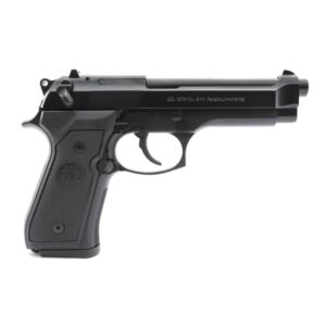 Black semi-automatic handgun on white background.