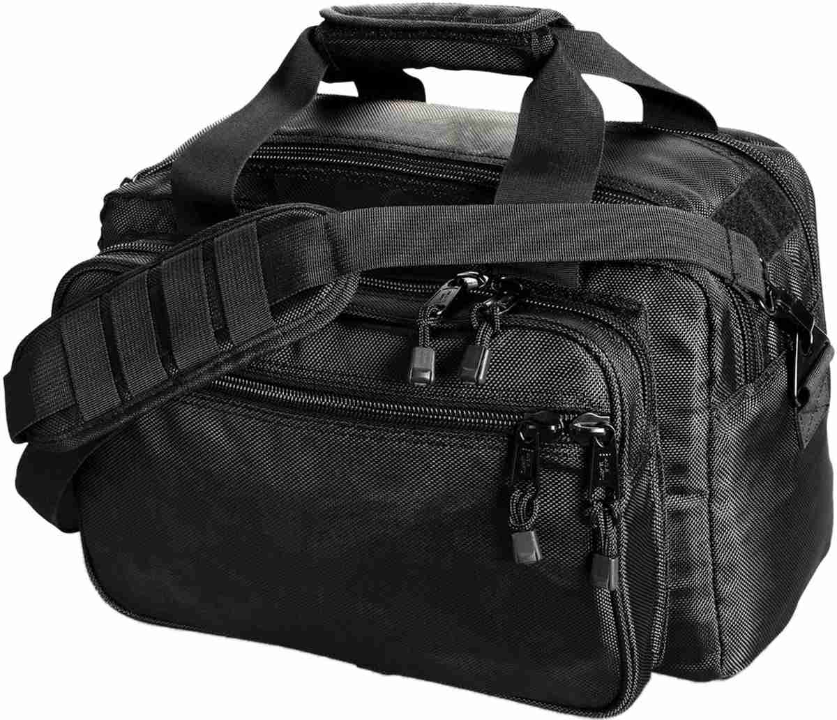 Black messenger bag with multiple compartments.