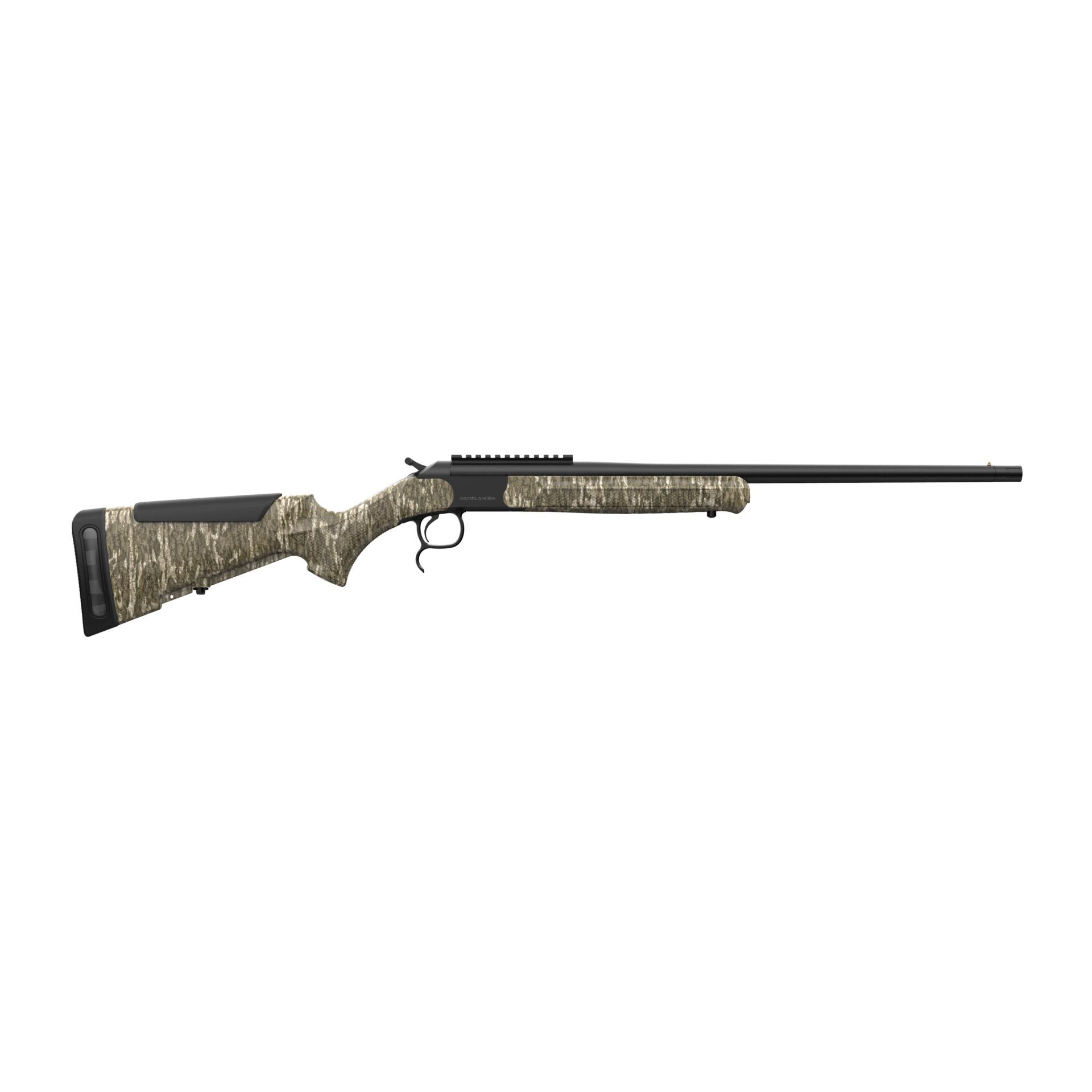 Side view of a camouflaged hunting rifle