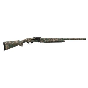 Camouflaged shotgun with long barrel and rail.