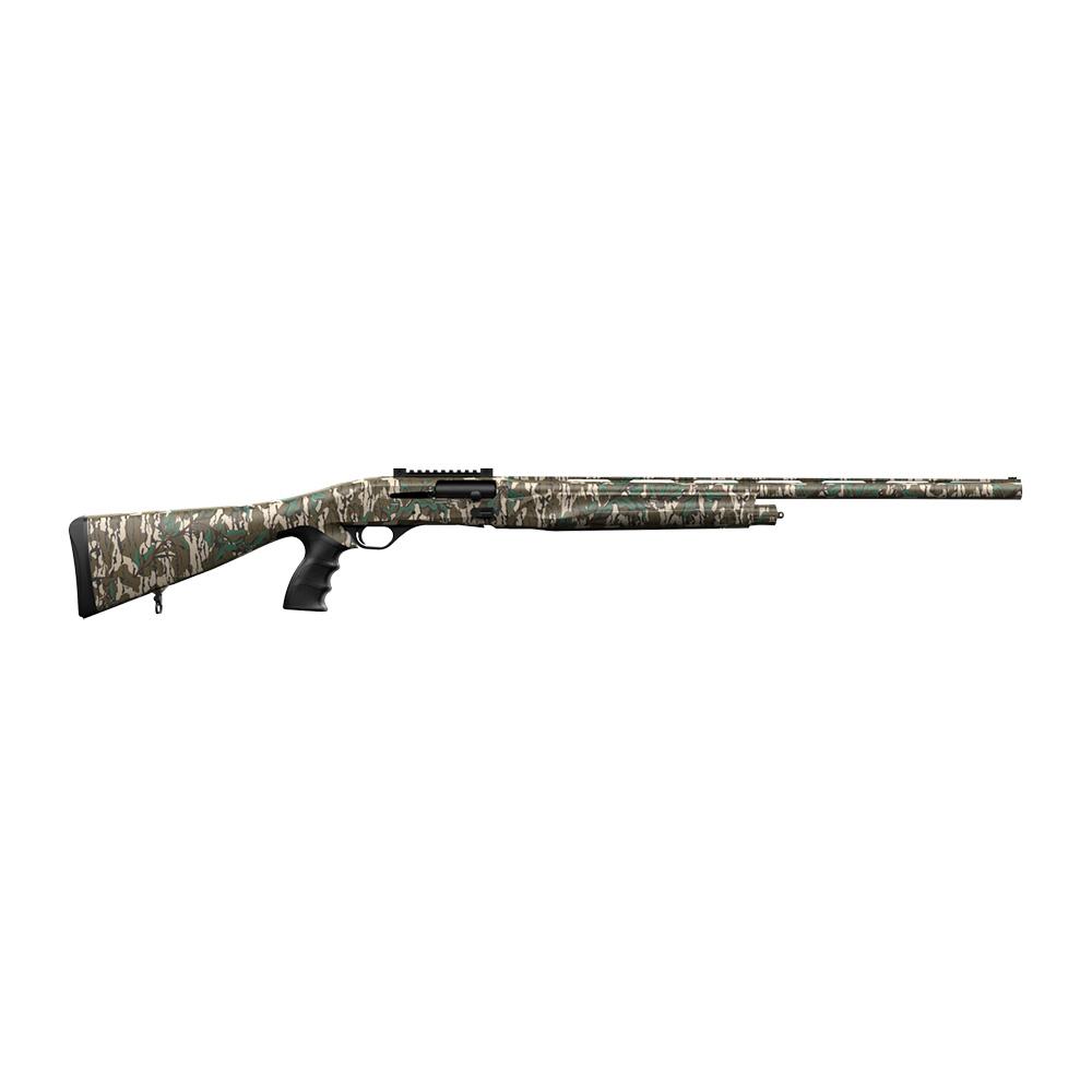 Camo-patterned shotgun with long barrel and grip.