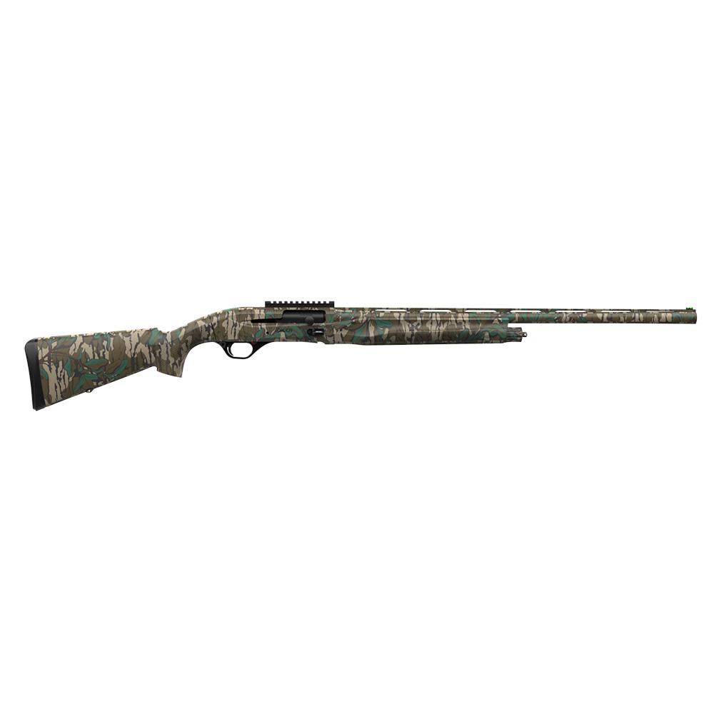 Camo-patterned rifle with long barrel