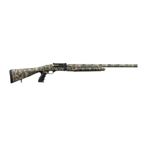 Camouflage-patterned shotgun suitable for hunting.
