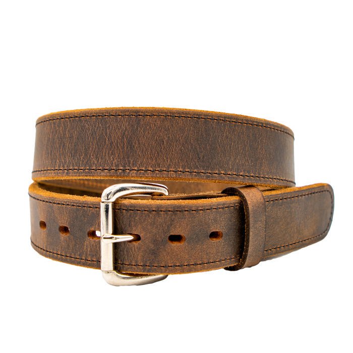 Brown leather belt with metal buckle