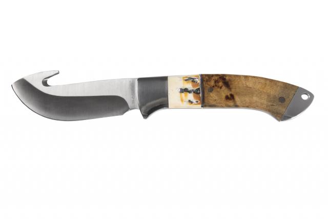 Curved knife with a wooden handle and metal blade.