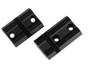 Two black rail mounts with grooves and holes.