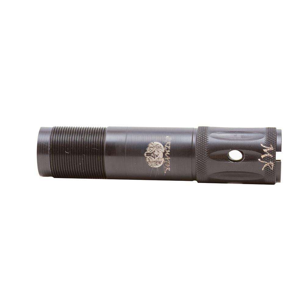 Black flashlight with textured grip and button.