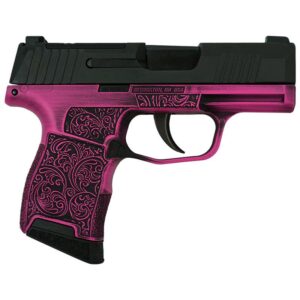 Pink decorative handgun with intricate design.