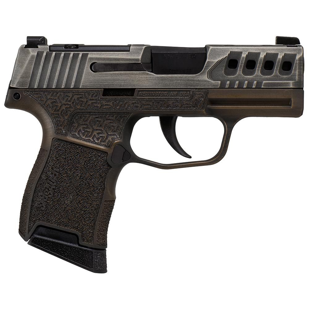 A modern compact handgun showcasing textured grip.