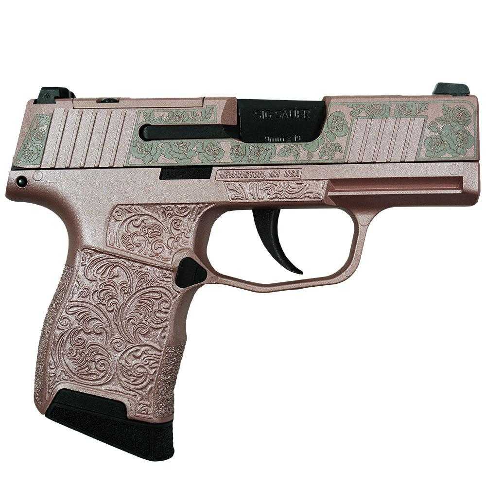 Decorative handgun with floral design details.