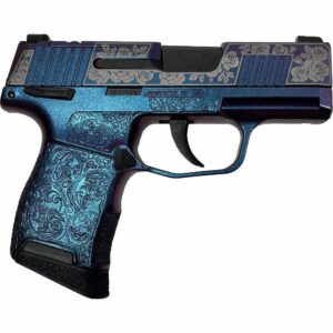 Decorative blue handgun with floral design.
