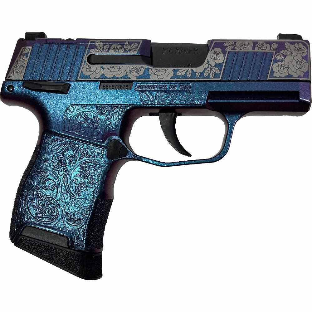 Decorative blue handgun with floral design.