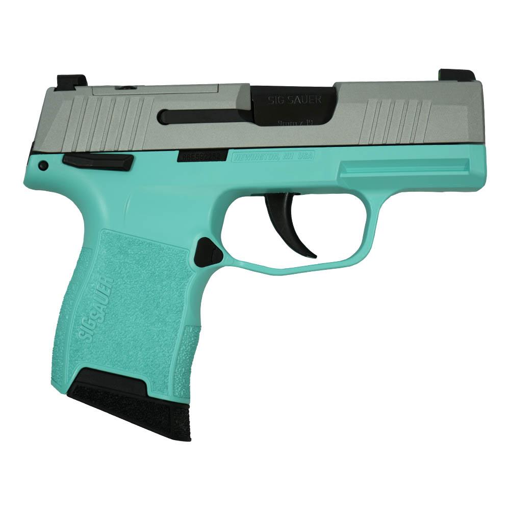 Turquoise and silver semi-automatic handgun.