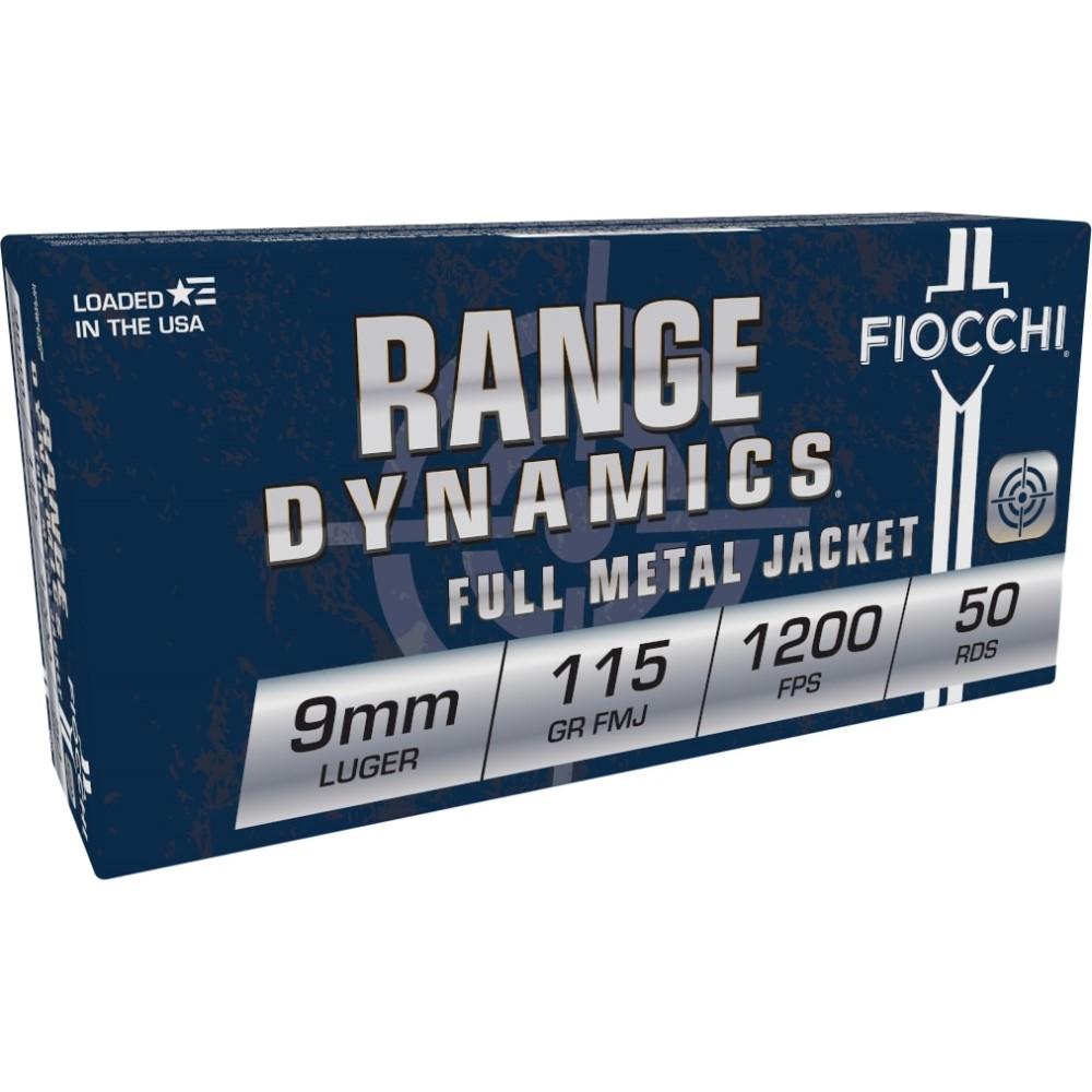 Fiocchi 9mm FMJ ammunition box with specifications
