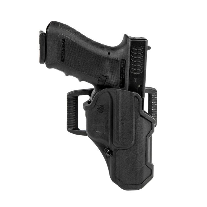 Black handgun in a holster from the side.