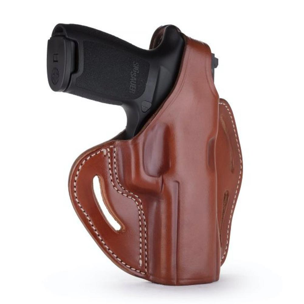 Brown leather holster with pistol inside.