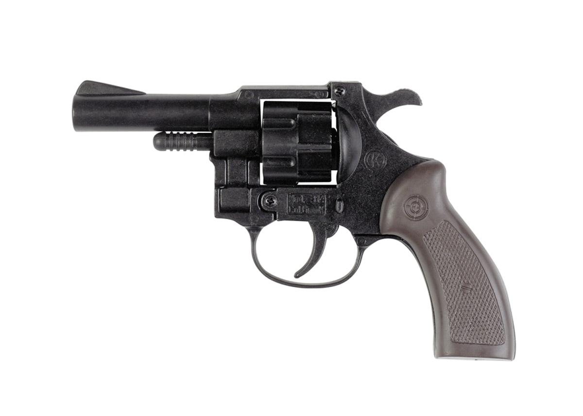 Black revolver with gray handle on white background