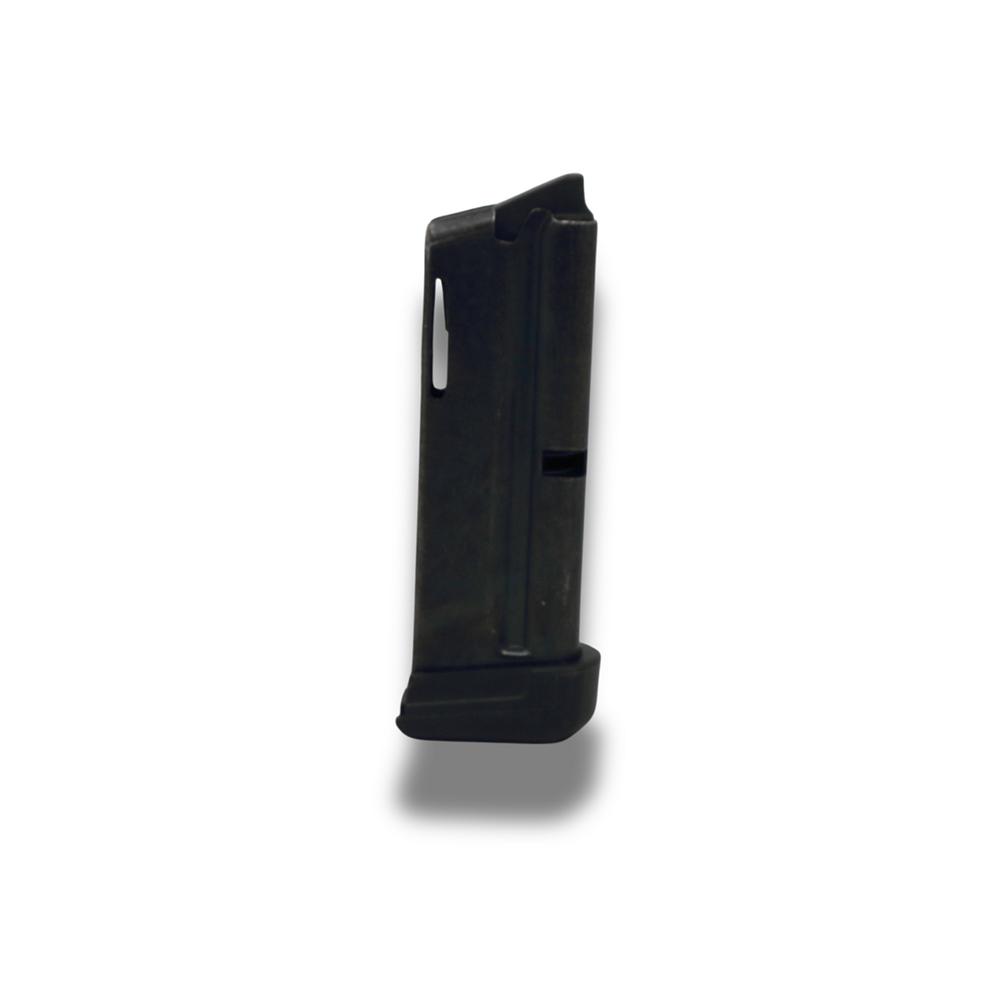 Side view of a black magazine for firearms.