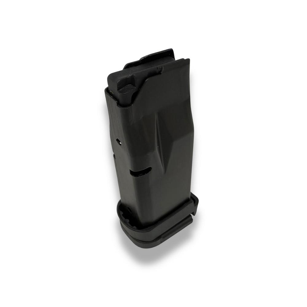 Black magazine for a firearm, side view.