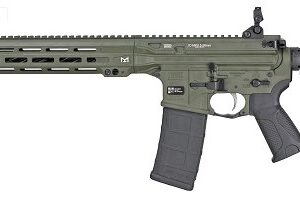 Olive green tactical rifle on a white background.