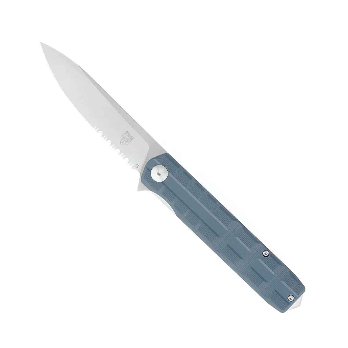 Sharp stainless steel knife with gray handle.