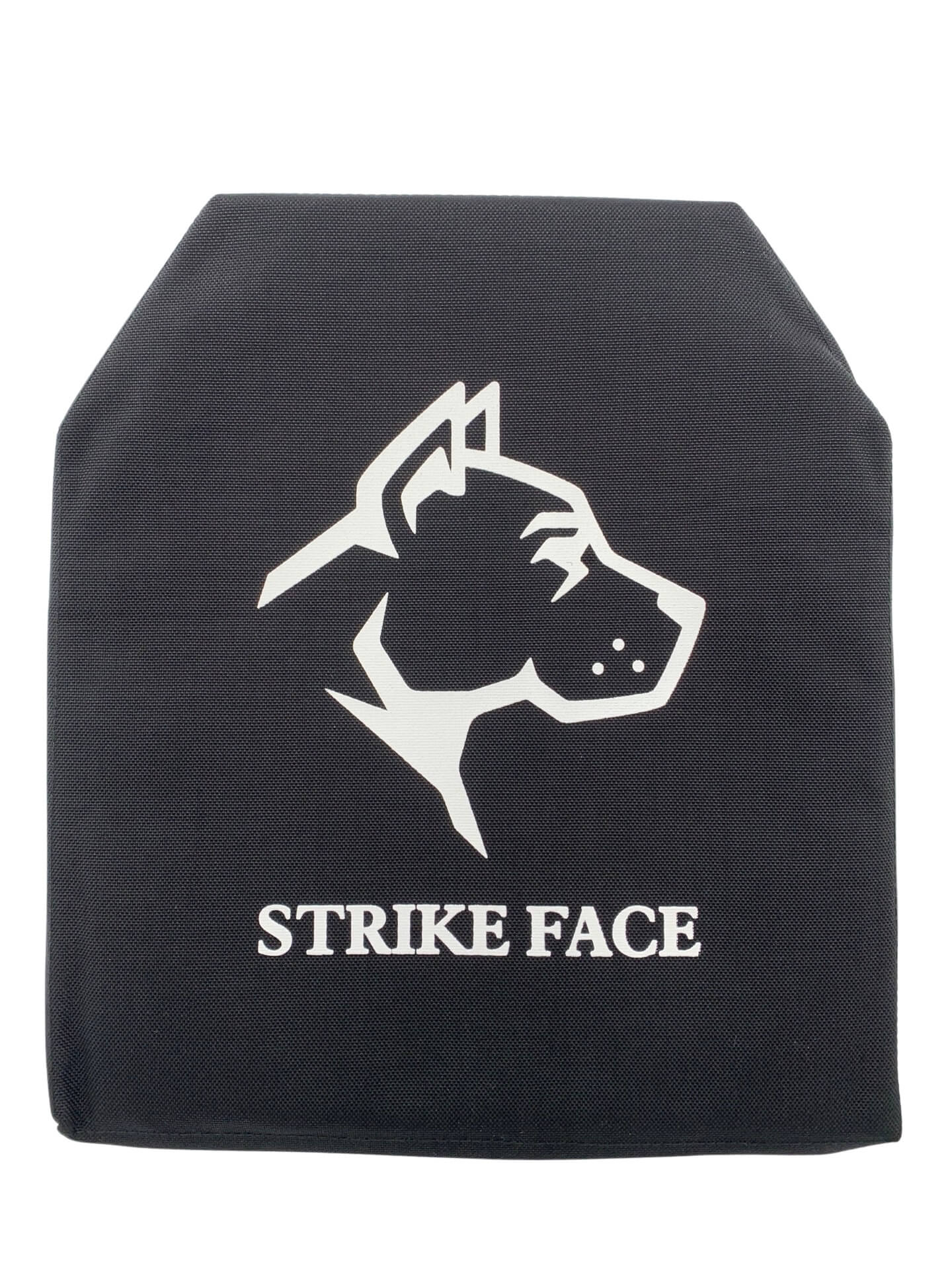 Black ballistic panel with dog logo design.