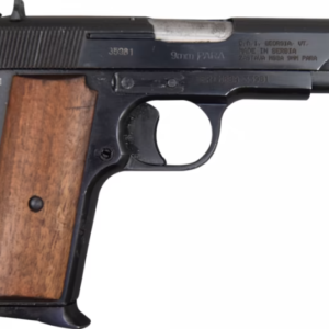 Handgun with wooden grip and metal frame