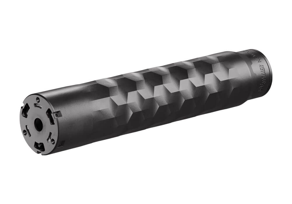 Stylish black suppressor with textured design.
