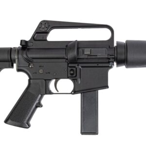 Close-up of a black rifle with scope.