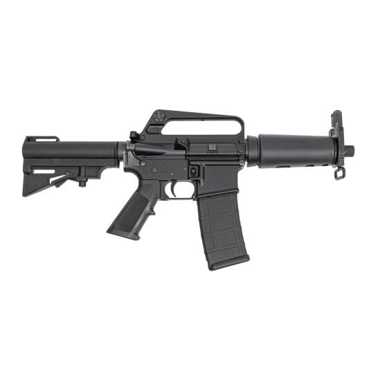 Black semi-automatic rifle on a white background.