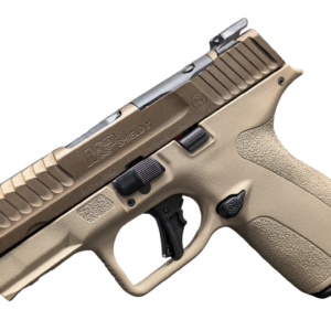 Tan Smith & Wesson M&P Shield X handgun.