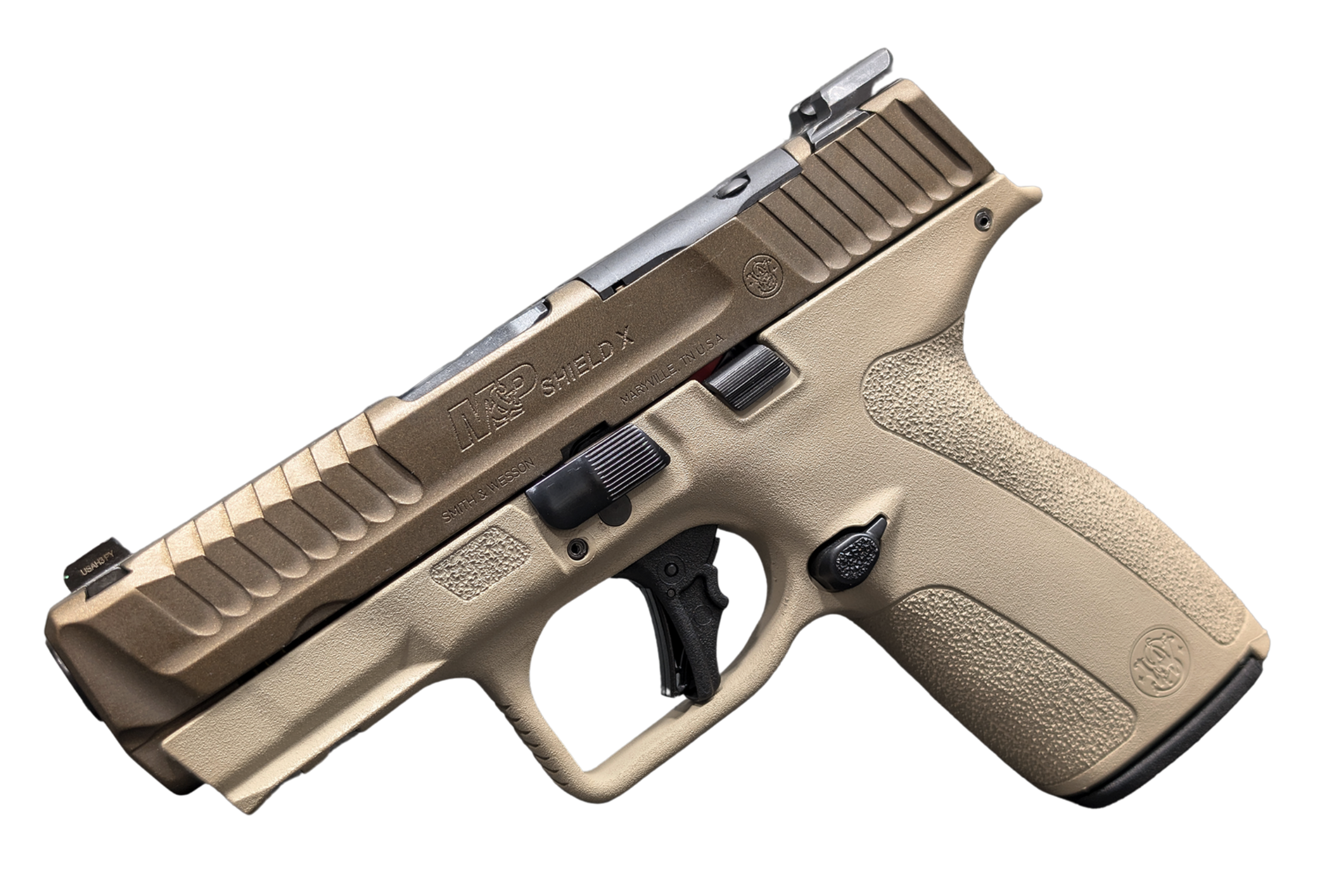 Tan Smith & Wesson M&P Shield X handgun.