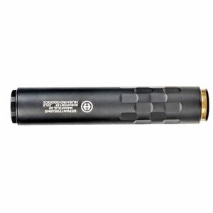 Black firearm suppressor with branding details