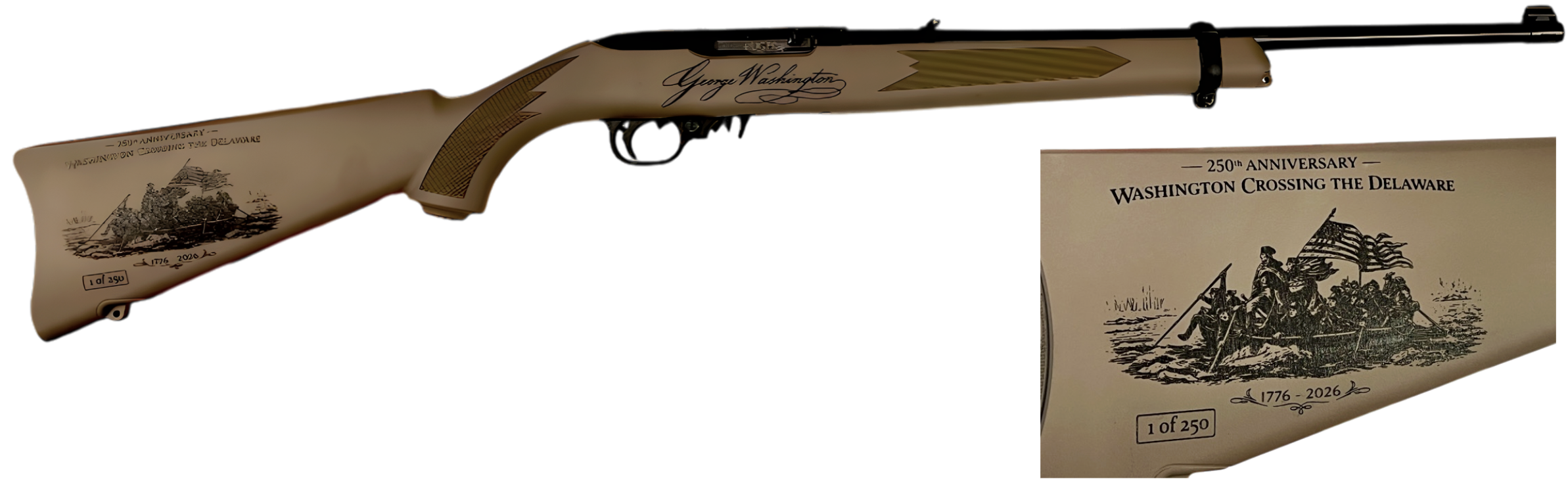 Commemorative rifle celebrating Washington's crossing anniversary.