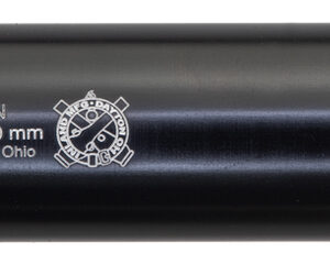 Black firearm suppressor with model details.