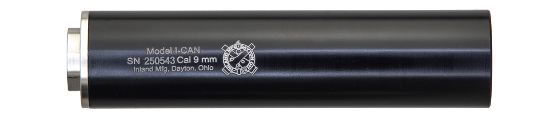 Black firearm suppressor with model details.