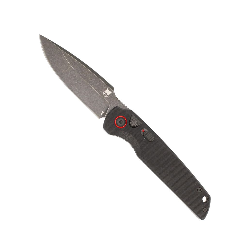 Black folding knife with textured grip.