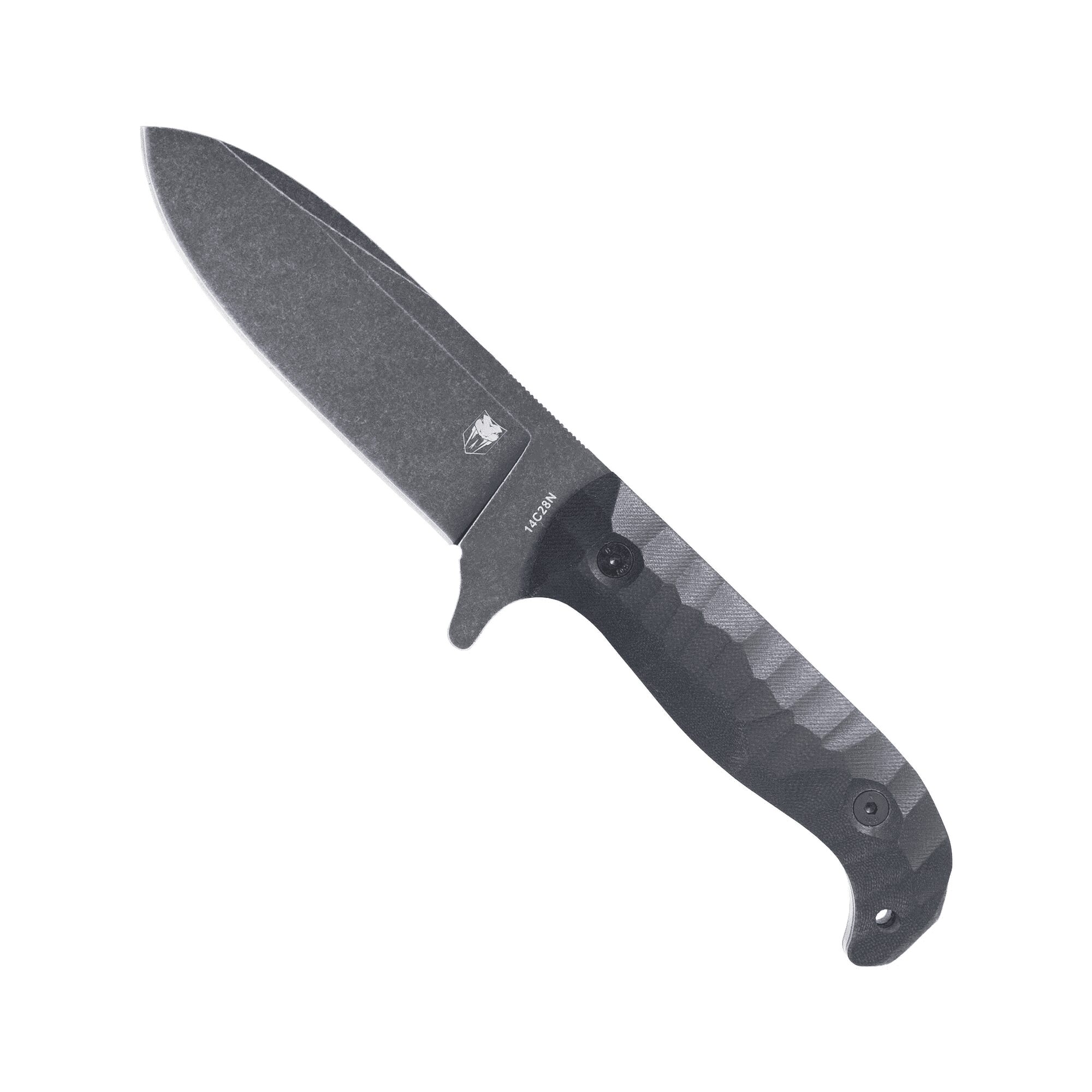 Black knife with textured handle and sharp blade