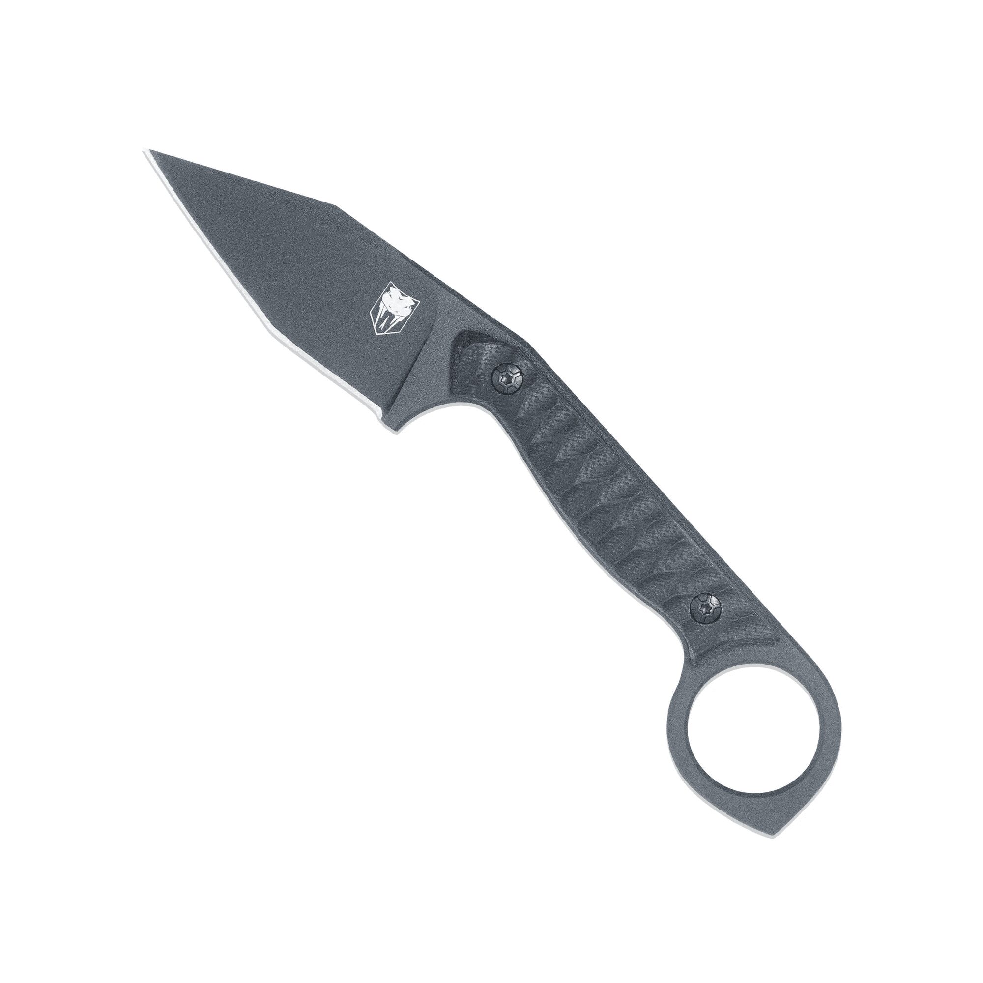 Sharp gray tactical knife with unique handle design.
