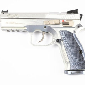 Silver compact firearm on a white background