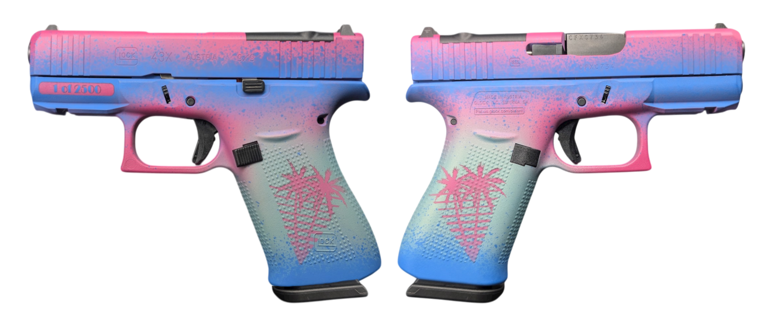Two colorful Glock 43X handguns displayed side by side.