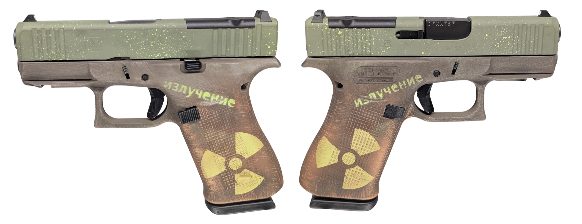 Custom green and brown Glock handgun design.