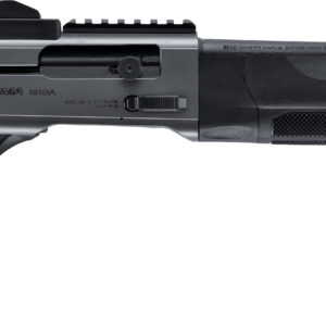 Black shotgun with tactical features and adjustable stock.