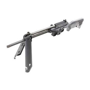 Black firearm with folding stock and barrel