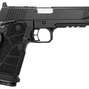 Black semi-automatic pistol profile view.