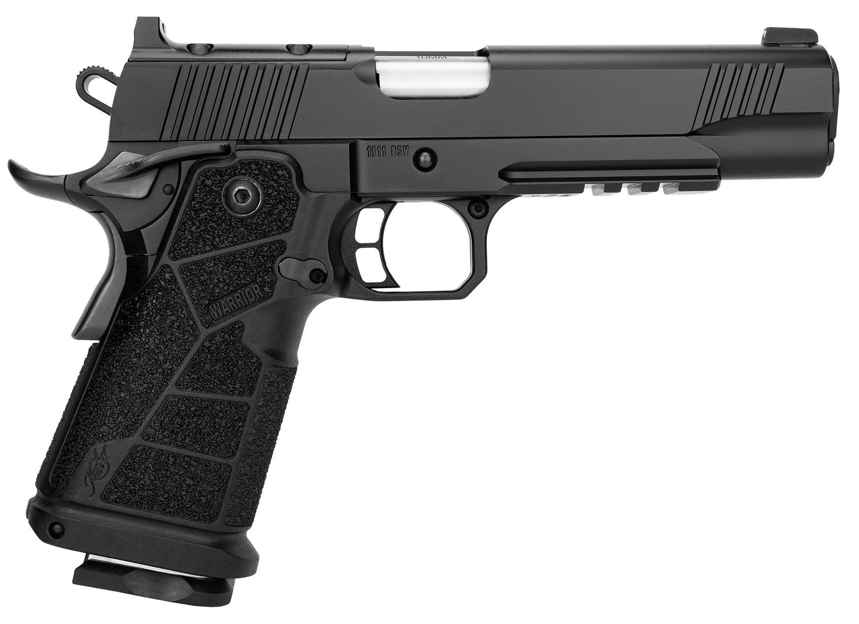 Black semi-automatic pistol profile view.