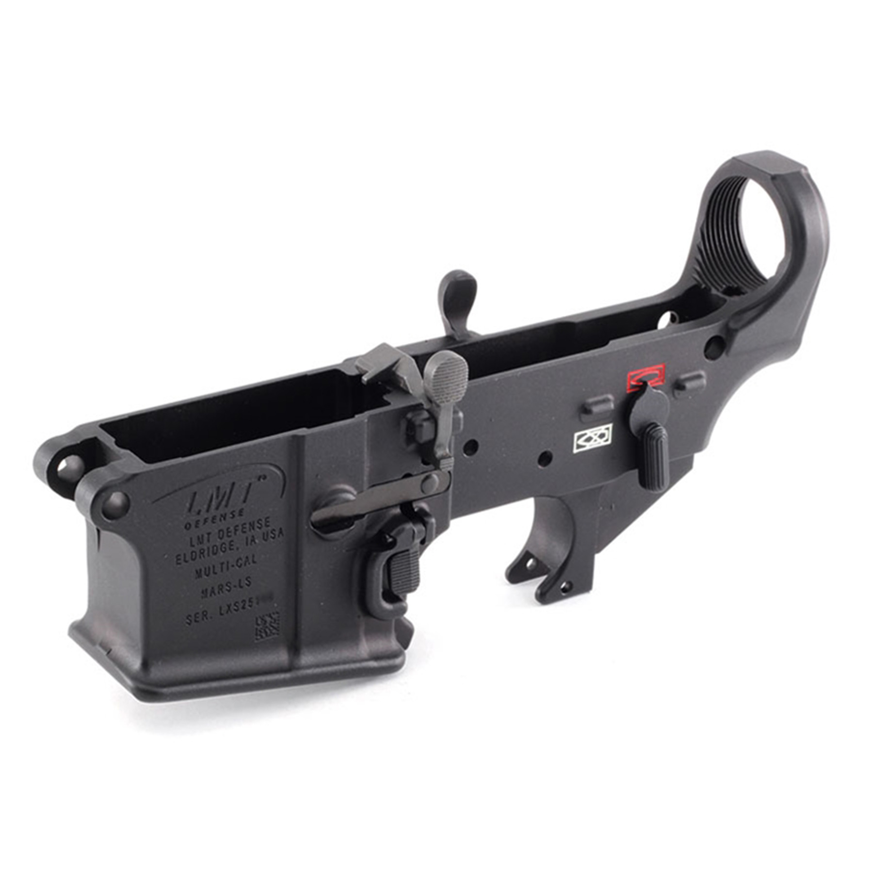 Black firearm lower receiver component on white background.