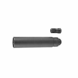 Black firearm suppressor and muzzle device set.
