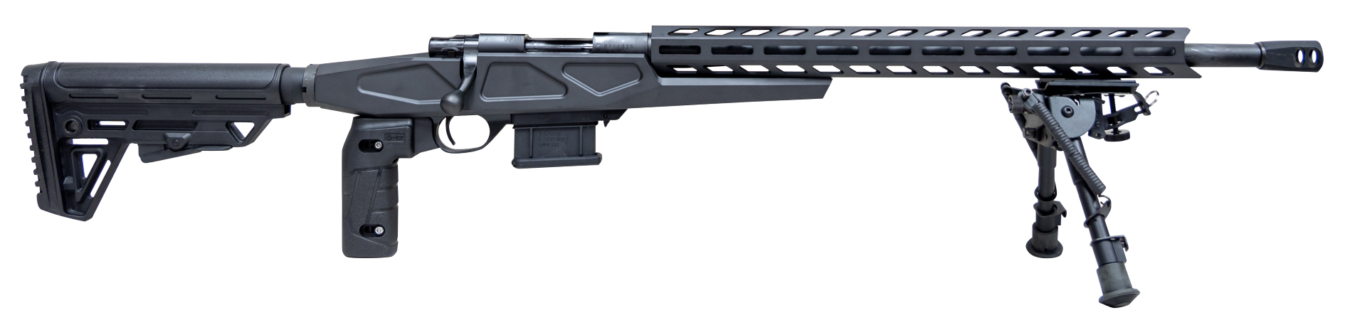 Black precision rifle with bipod support