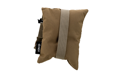 Brown cushion with strap and logo